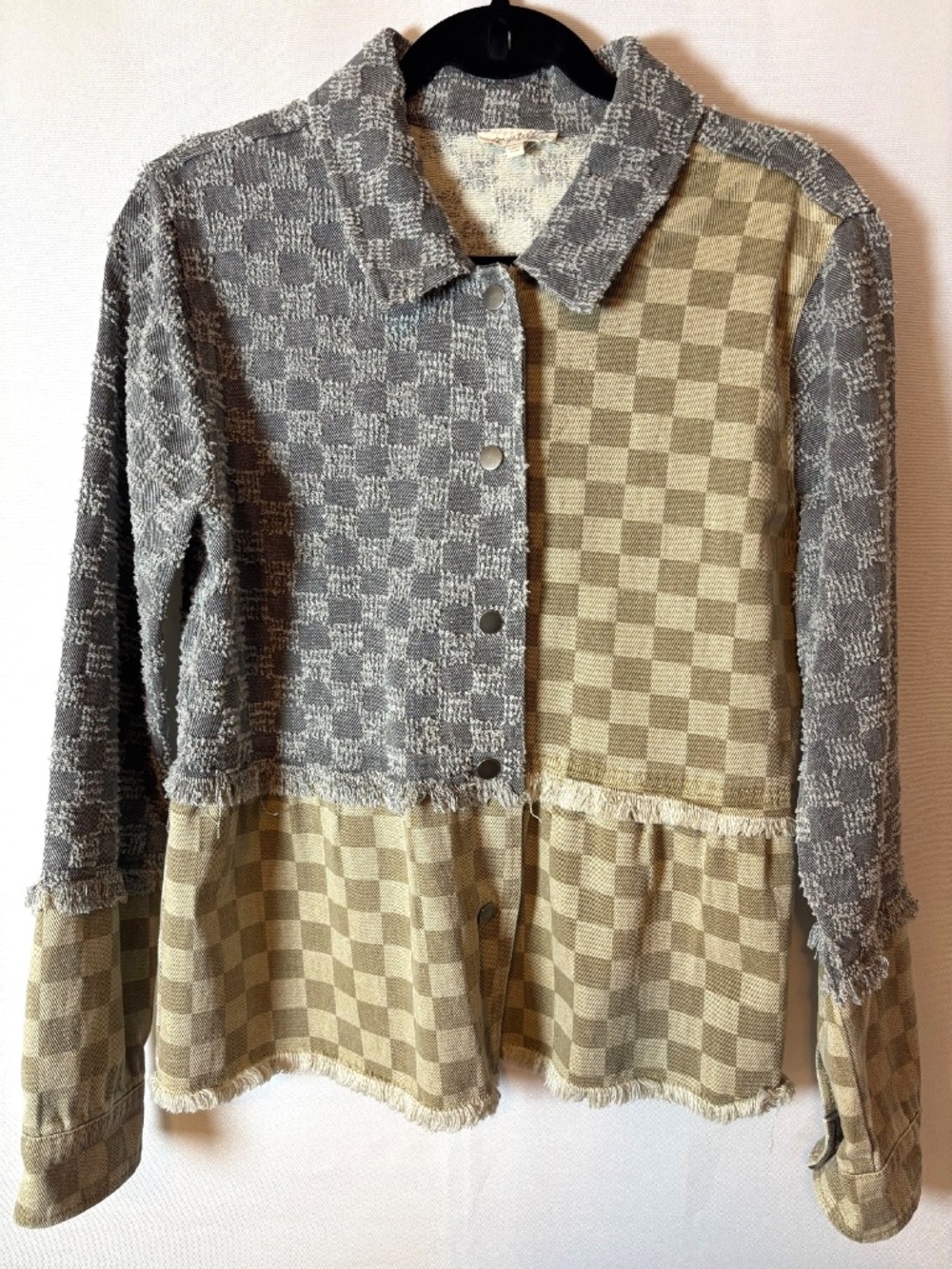 Patchwork Plaid Shacket Jacket Frayed Hem Button Front Boho Overshirt .M